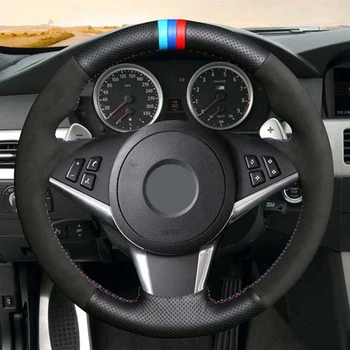 Juoda natūralios Odos Rankomis susiuvami Automobilio Vairo Dangtelis BMW E60 E61 (Turistinis) d530d E63 2003-2010 E64 2004-2010 m.