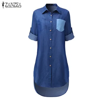 Moterų Nereguliarus Sundress ZANZEA Mados Denim Blue Marškinėliai Suknelė Atsitiktinis ilgomis Rankovėmis Mini Vestidos Moterų Mygtuką Drabužius, Plius Dydis