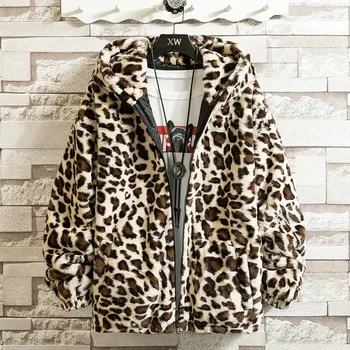 Vyrų Leopard Gobtuvu striukė Kailis Vyrų Rudenį, Žiemą Šilta Bombonešis Striukė Žavinga Drabužių Streetwear Imituoti Kailiniai