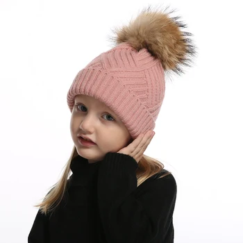 Baby Girl Pompon Beanie Skrybėlių Žiemos Tikro Kailio Kepurės Vaikams Berniukas Dryžuota Megzta Vilnos Skrybėlę Minkštas Šiltas Skullies