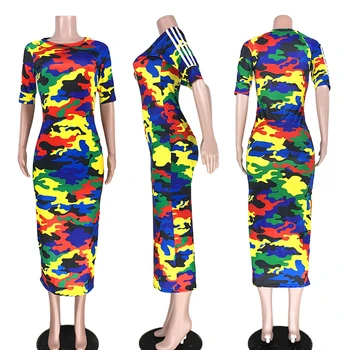 OMILKA Pusė Dryžuota Kamufliažas Printed Dress 2019 M. Rudenį Moterų trumpomis Rankovėmis O Kaklo Kontrasto Spalvų Camo Bodycon Suknelė