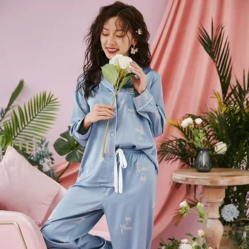 Šilko Pižama Moterų Spausdinti Pižamos Femme Satino ilgomis Rankovėmis Pijamas Moterų Sleepwear Pavasario Namų Drabužių 2020 Elegantiškas Homewear