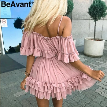 BeAvant Off peties dirželis šifono vasaros suknelės Moterims, pynimas klostuotas trumpas suknelė rožinės spalvos Elegantiškas atostogų prarasti paplūdimio mini suknelė
