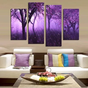 Drobė Sienos Menas Namų Dekoro Rėmas Kambarį Šiuolaikinių HD Spausdinti Tapybos 4 Skydelis Violetinė Medis, Gėlių Kraštovaizdžio Nuotraukos