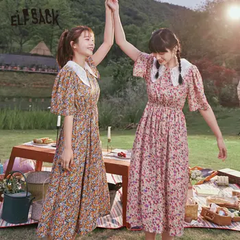 ELFSACK Disty Gėlių Spausdinti Kontrastas Nėrinių Atsitiktinis Šifono Apykakle Suknelė Moterų 2020 M. Vasarą ELF Derliaus korėjos Ponios Atostogų Suknelės