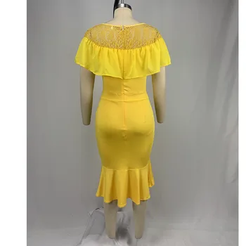 Plus size mermaid dress moteris geltonos spalvos nėrinių pynimas kratinys seksualus vakaro šalis, vestidos afircan mados moterų office midi suknelė