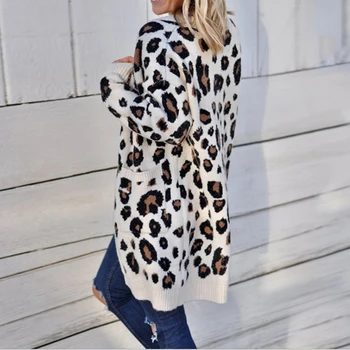 Plius Dydis Moterų, Leopardas Spausdinimui Susagstomi Megztiniai Atsitiktinis Ilgomis Rankovėmis Megzti Megztinis Paltai Rudens-Žiemos Mados Megztinis Švarkas Outwear
