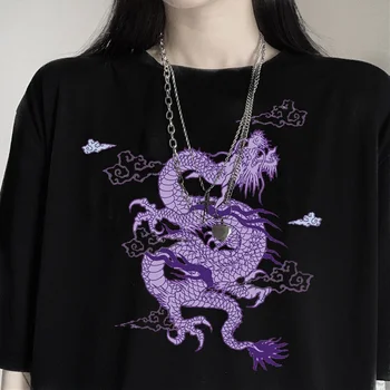 VIP HJN Purpurinis Drakonas Moteris Medvilnės Tshirts Harajuku Dragon Kpop Ropa Mujer Viršūnes Estetinės Derliaus Femme T-shirts korėjos Stiliaus