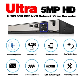Ultra HD 8channel POE NVR, ONVIF H. 265 ip Audio Out Priežiūros Saugumo Vaizdo įrašymas 720p 1080p 4mp 5mp POE VAIZDO Kamera