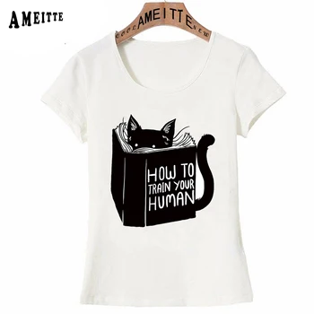 Mados Moterų Trumpomis Rankovėmis, Kaip Mokyti Savo Žmogaus Knygas, Print T-Shirt Funny Cat Skaityti Dizaino Laisvalaikio Viršūnes Cute Girl Tees