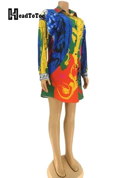 Mygtuką Dizainas, Spausdinami Moterų Marškinėliai Suknelė Ilgomis Rankovėmis Pasukite Žemyn Apykaklės Atsitiktinis Trumpą Suknelę
