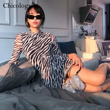 Chicology Zebra Juostele Akių Rankovės Mini Suknelė 2020 M. Moteris Patenka Žiemos Drabužių Seksualus Bodycon Šalies Drabužių Mados Klubas Komplektai