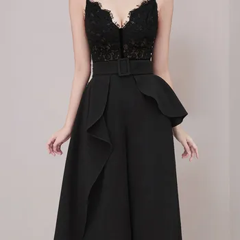 CBAFU elegantiška juoda nėrinių kratinys spageti dirželis šalis suknelė moterims raukiniai dizaineris kilimo ir tūpimo tako v kaklo ilgio suknelės diržas F234