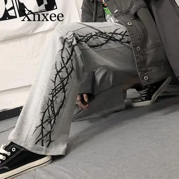 Harajuku atsitiktinis unisex žiemos tiesios kelnės prarasti thorn spausdinti juodaodžių moterų Sweatpants goth streetwear cool girl ponios kelnės
