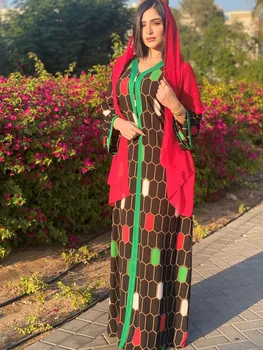 Musulmonų Mados Dubajus Jalabiya Mados Pledas Spausdinti Maxi Suknelė Moterims Maroko Kaftan Arabų Drabužius 2021 Eid Ramadanas Mubarakas