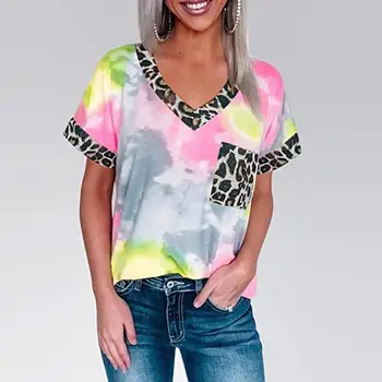 Moterų Atsitiktinis Tie-Dye Marškinėliai Topai 2021 M. Vasarą Leopard Kratinys V-Kaklo Trumpomis Rankovėmis Viršūnes Marškinėliai Moteriška Camisetas Verano Mujer
