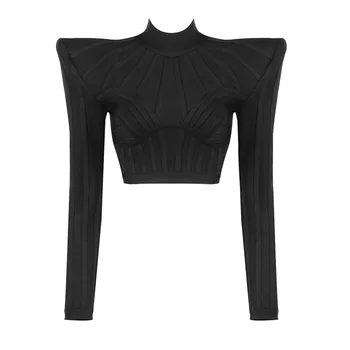 2021 Pavasario Mados Moterų Dryžuotas Susiuvimo Trumpą T-Sexy Marškinėliai ilgomis Rankovėmis Aukštu Kaklu Įžymybė Šalies Klubas Bodycon Tvarstis Viršų