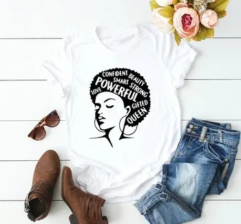 Afro Lady Marškinėliai Moterims Feminizmo Tee Mergina Galia Marškinėlius Vasaros Mados T-shirt Įkvepiantys Žodžiai, Raidės Spausdinimo Medvilnės-J731