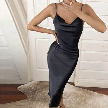 2020 vientisos Spalvos Satino Seksualus V-kaklo Spageti Dirželio Ilgio Suknelės Lady Rankovių Backless Moterų Slim Fit Sundress Elegantiškas Apdaras