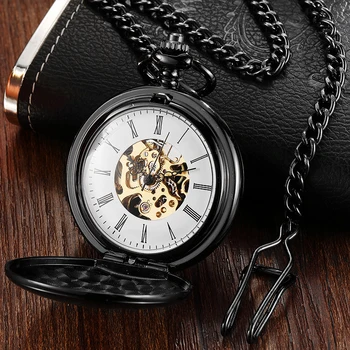 Luxury Gold Dial Juoda Mechaninė Kišenėje Žiūrėti Skeletas Pakabukas Fob Grandinės Reloj Vyrų Antikvariniai Bronzos Steampunk Montre de poche