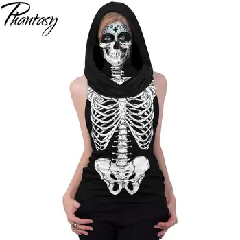 Phantasy Kaukolės Skeletas T-marškinėliai Moterims Spausdinti Drabužių Gobtuvu Veido Kaukė Marškinėlius Helovyno Cosplay Šalikas Rankovių Viršūnes Streetwear