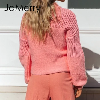 JaMerry vientisos spalvos siūlėmis prarasti moterų Megztinis Atsitiktinis kritimas peties rankovėmis megzti megztinis Gatvės žiemos mados džemperis