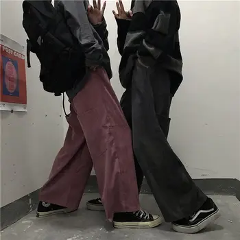 Kelnes Moterys Velvetas Violetinė Korėjos Retro Stiliaus Harajuku Streetwear Porų Ins Minkštas Studentų Prarasti Didelės Kišenės, Tiesios Kelnės
