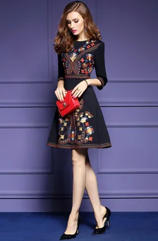 Mados kilimo ir tūpimo Tako Suknelė Vintage Siuvinėjimo Gėlių Trys Ketvirtį Rankovės Šalis Suknelės 2018 Nauja Rudens Žiemos Plius Dydis 3XL