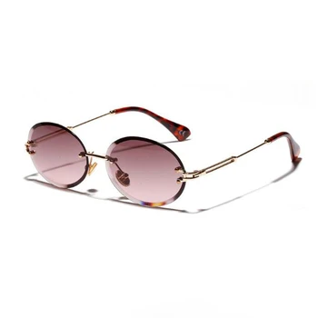 Retro ovalo formos akiniai nuo saulės moterims frameless pilka ruda, skaidraus lęšio taškus akiniai nuo saulės moterims uv400