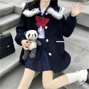 Japonijos Saldus, Minkštas Mergina Kailis Kawaii Sailor Apykaklės Mielas Visą Rankovės Išlaikyti Šiltas Tirštėti JK Vienodas Megztinis Vilnonis Audinys viršutinių drabužių siuvimas