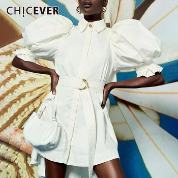 CHICEVER Balto Print Moterų Suknelė Atvartas Apykaklės Sluoksniuotos Rankovėmis Aukštos Juosmens Su Varčias, Derliaus Suknelės Moterų Mados Naujų 2020 m.