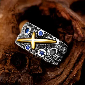 Sidabro originalaus dizaino inkrustacijos mėlyna cirkonis valdinga retro žvaigždėtą formos bazė vyriški papuošalai atidarymo reguliuojamas žiedas