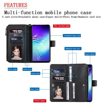 Apversti Odinis dėklas, Skirtas Samsung Galaxy S10 S10E 5G Plius Magnetinio Telefono Dangtelį Galaxy S8 S9 Plus Nuimamas Kortelės Maišas su Užtrauktuku Piniginės