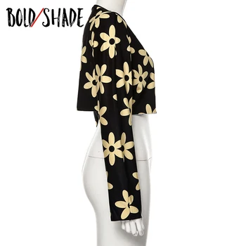 Bold Atspalvį Derliaus Streetwear Moterų Marškinėliai Gėlių Spausdinti ilgomis Rankovėmis Apkarpyti Viršūnes 90s Y2K Mados 2020 M. Rudenį Cardigan Tees Slim