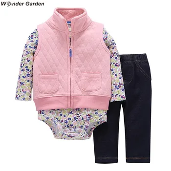 Įdomu, Sodas baby girl Berniuko drabužius ilgomis rankovėmis, su gobtuvu kailis+gėlių Romper +kelnės naujagimių apranga rudenį kūdikių drabužių užtrauktukas rinkinys