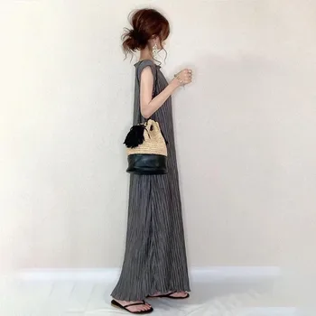 Tamsiai pilka plisuotos moterų suknelė vasaros korėjos janpan 2020 atsitiktinis kasdienio darbo long maxi suknelės roobe femme vestiods