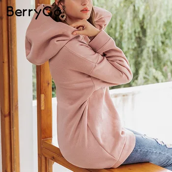 BerryGo Atsitiktinis, kietas rožinė moterims palaidinės ilgomis rankovėmis rudens žiemos moterų hoodies viršūnes Mados prarasti ponios megztinis viršūnės