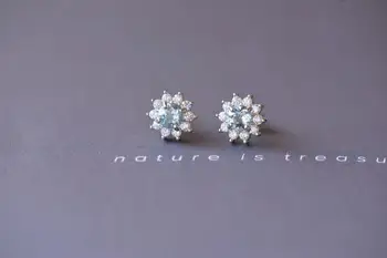 Natūraliai mėlyname Aquamarin stud auskarai, 925 sidabras natūralus akmuo auskarai Klasikinis paprastas apvalus saulėgrąžų mergina, šaliai, papuošalai
